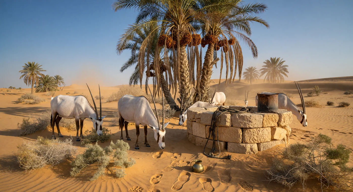 Uma pequena manada de orixes-da-arábia, com suas pelagens brancas e icônicos chifres negros em forma de sabre, pasta calmamente junto a um oásis isolado nas areias do Rub' al Khali por volta de 1890. Sob a luz dourada do entardecer da Belle Époque, a cena revela um poço de calcário rústico e tamareiras carregadas, vestígios silenciosos da passagem recente de caravanas beduínas pela imensidão do deserto. Este registro visual captura a profunda isolação do "Quarteirão Vazio", destacando a resiliência da fauna nativa e a importância vital desses pontos de água para a sobrevivência nômade em um dos ambientes mais áridos do planeta.