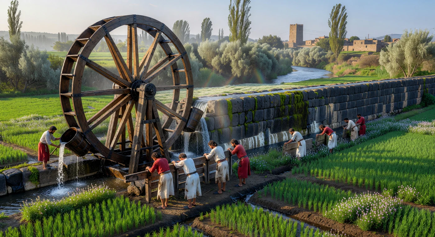 4世紀のオロンテス川では、カシやポプラで作られた巨大なノーリア（揚水水車）が、玄武岩の導水路へ絶え間なく水を汲み上げ、エメラルド色に輝く大麦やレンズ豆の畑を潤しています。この高度な水利技術は、古代末期のレバント地方における農業の繁栄を支えた土木工学の結晶であり、朝日に照らされ虹を映し出す水車は地域の生命線となっていました。伝統的なリネンの衣服を纏ったアラーム人の農夫たちが働くこの風景は、ローマ・ビザンツ帝国支配下における洗練された田園生活の活気を鮮やかに伝えています。