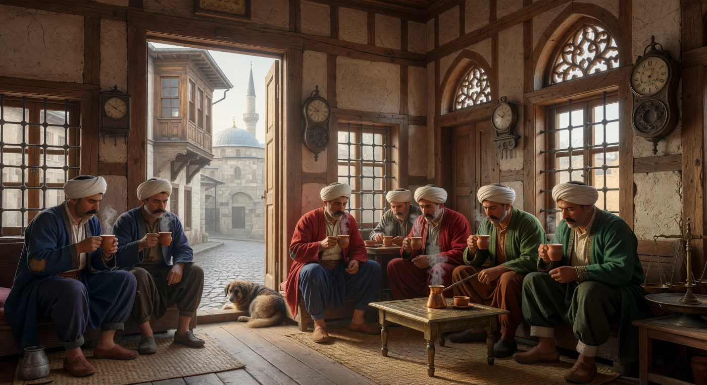 In der gedämpften Atmosphäre eines Istanbuler Kaffeehauses des 16. Jahrhunderts genießen Männer in erdfarbenen Kaftanen ihren morgendlichen Mokka aus schlichten Terrakotta-Tassen. Die Architektur im klassischen Hayat-Stil mit ihren markanten Holzbalken und überhängenden Cumba-Balkonen rahmt das tägliche Treiben ein, während im Hintergrund das schlanke Minarett einer Moschee durch den Morgennebel ragt. Diese Szene fängt den Moment ein, in dem Kaffeehäuser zu den neuen Zentren des sozialen Austauschs im Osmanischen Reich avancierten und den Rhythmus des urbanen Lebens nachhaltig prägten.