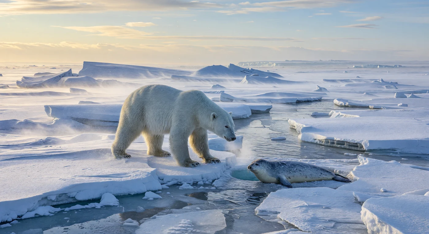 Sobre el hielo marino fracturado del Ártico tardopleistoceno, hace aproximadamente 20.000–12.000 años, un gran oso polar, Ursus maritimus, avanza en silencio hacia una foca anillada, Pusa hispida, junto a su agujero de respiración bordeado de nieve, mientras las crestas de presión y una grieta de agua azul acerada revelan un paisaje helado en constante movimiento. Durante los intervalos glaciales del Pleistoceno, este depredador especializado cazaba sobre el hielo estacional igual que hoy, usando sus anchas patas peludas, su olfato agudo y su sigilo para sorprender a focas dependientes del banquisa. La escena captura una antigua tensión de vida y muerte en el borde de los casquetes polares, donde el viento arrastra nieve fina y la luz baja del sol ilumina una estrategia de caza forjada en la Edad de Hielo.