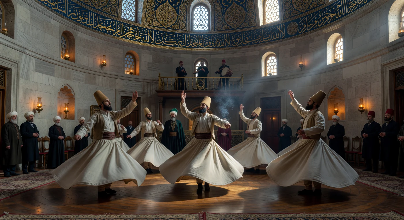 1840年頃のオスマン帝国において、円錐形の帽子「シッケ」と白いひだのあるスカート「テンヌーレ」を纏ったメヴレヴィー教団の修道僧たちが、壮麗なドームの下で旋回舞踊「セマ」を行っています。右手を天に、左手を地に向けたこの瞑想的な舞踊は、神との合一を象徴しており、背後の壁に施された金色のトゥルース体書道と差し込む陽光が、その精神的な崇高さを際立たせています。タンジマート改革の時代背景を反映し、観衆の中には伝統的なターバン姿と近代化の象徴である赤フェス帽の人物が混在しており、伝統と変革が交錯する当時の社会情勢を色濃く映し出しています。