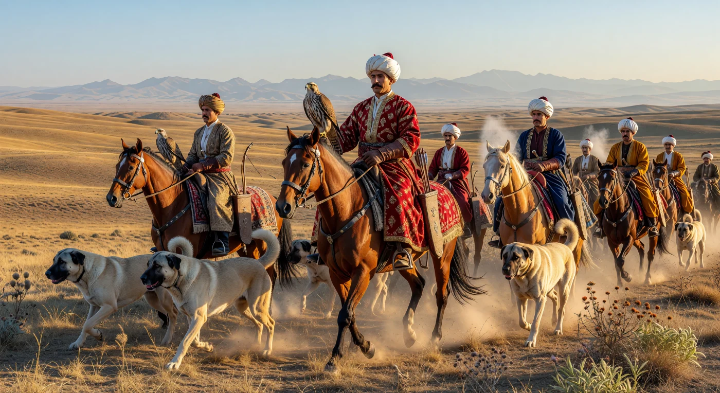 In het warme licht van de ondergaande zon trekt een Ottomaans jachtgezelschap over de Anatolische steppe, waarbij een edelman in een karmozijnrode zijden kaftan met een sakervalk op zijn hand de stoet aanvoert. Hij wordt vergezeld door krachtige Kangal-honden en ruiters op atletische Turkmeense paarden, uitgerust met handgeknoopte Ushak-tapijten en fijn bewerkte wapens. Deze ceremoniële jachtpartijen in de late 16e eeuw vormden een essentieel onderdeel van de hofcultuur en dienden als een visueel vertoon van de rijkdom, discipline en autoriteit van het Ottomaanse Rijk tijdens zijn bloeiperiode.