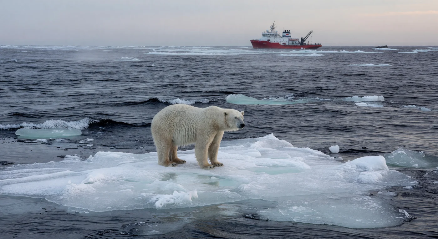 Un ours polaire solitaire se tient sur une plaque de glace de mer de plus en plus mince dans les eaux sombres de la baie d'Hudson, au large du Nunavik. Son pelage crème jauni et la formation de mares de fonte turquoise sur la banquise illustrent la fragilité de l'écosystème arctique au début du XXIe siècle. À l'horizon, la silhouette d'un brise-glace de recherche canadien, tel le NGCC Amundsen, témoigne des efforts intensifs de surveillance climatique et de collecte de données numériques caractéristiques de la période 2000-2025. Cette scène capture l'isolement profond de l'espèce face au recul rapide des glaces saisonnières, un symbole poignant des transformations environnementales de l'ère moderne.
