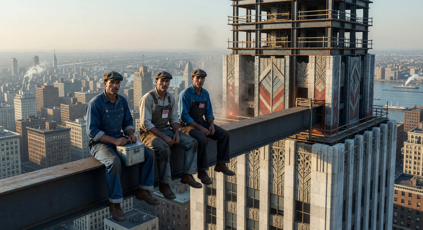 Des ouvriers sidérurgistes, vêtus de salopettes en denim et de casquettes de laine, sont assis avec une apparente décontraction sur une poutre d'acier dominant un paysage urbain en pleine mutation. À leurs côtés, la structure révèle les détails raffinés de la pierre calcaire et de la terre cuite, caractéristiques du style Art déco qui a redéfini l'architecture des grandes métropoles nord-américaines à la fin des années 1920. Cette image saisissante témoigne de l'audace et de la précarité des conditions de travail de l'époque, où l'absence de dispositifs de sécurité n'avait d'égal que l'ambition verticale démesurée de ces bâtisseurs de l'ère industrielle.