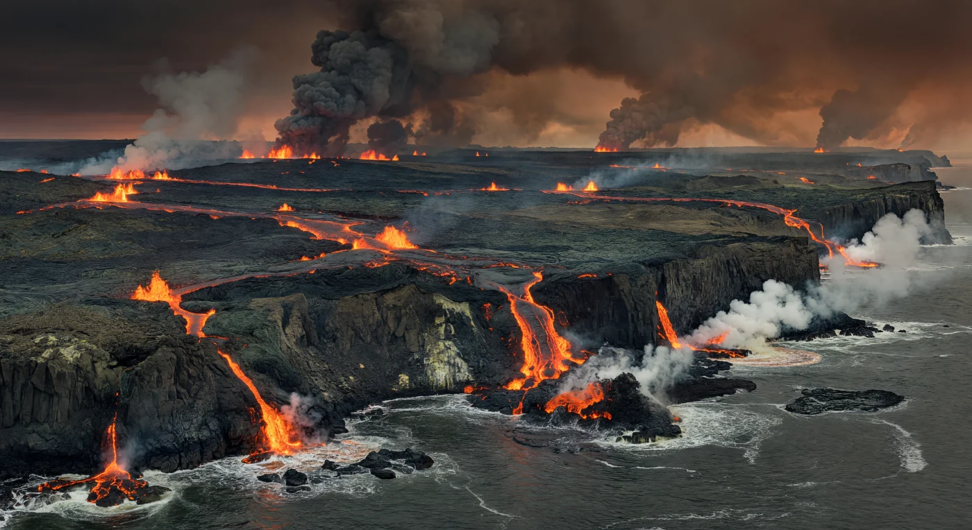 An der Grenze zwischen Paläozän und Eozän vor etwa 56 Millionen Jahren zerbarst die Küste Ostgrönlands entlang frischer Riftspalten, aus denen glühende Ströme tholeiitischer Basaltlava über schwarze Pāhoehoe- und ʻAʻā-Felder flossen. Gewaltige Asche-, Gas- und Dampfwolken steigen über einer jungen, tektonisch aufreißenden Küste auf, während Doleritgänge, Basaltklippen und explodierende Lavaeintritte ins Meer die Entstehung des Nordatlantiks sichtbar machen. Diese Eruptionen gehörten zur Nordatlantischen Magmenprovinz, einem der großen Flutbasalt-Ereignisse der Erdgeschichte, das zeitlich eng mit dem Paläozän/Eozän-Temperaturmaximum verknüpft ist und eine Welt im Treibhausklima prägte.