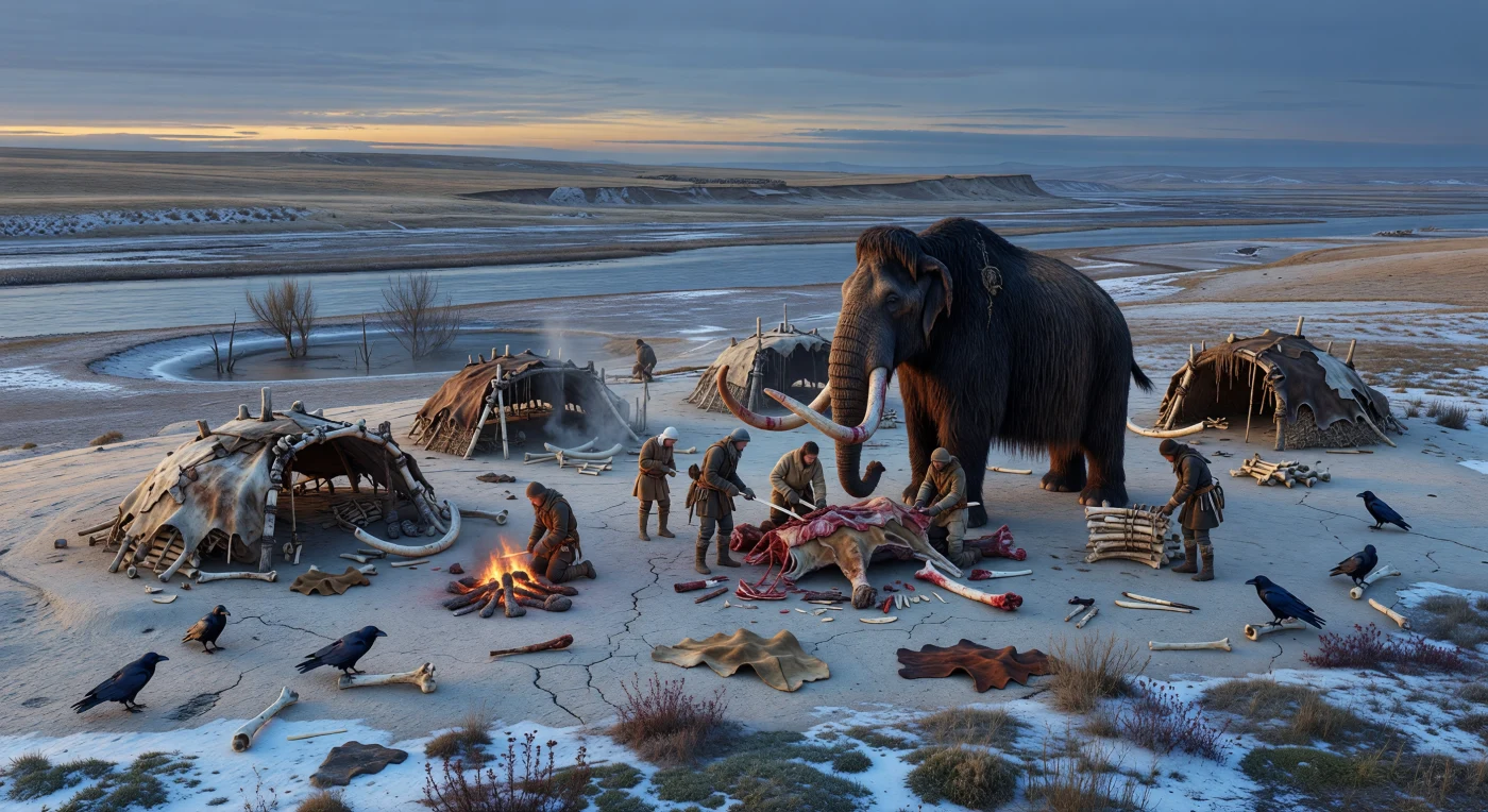 In de gure schemer van het Laat-Pleistoceen, ongeveer 20.000–15.000 jaar geleden, zien we een kamp van Homo sapiens op de Oost-Europese mammoetsteppe: lage hutten gebouwd uit botten en slagtanden van mammoeten, met huiden erover gespannen, lichten op in het oranje schijnsel van het vuur. Op de bevroren lössgrond wordt een wolharige mammoet, Mammuthus primigenius, vakkundig geslacht, terwijl raafachtigen van de soort Corvus corax geduldig wachten in de snijdende wind. Dit open, droge en voedselrijke periglaciale landschap — met grassen, zeggen en alsemachtige kruiden — behoorde tot een uitgestrekte “mammoetsteppe” die tijdens de IJstijden grote kuddes megafauna voedde en menselijke jagers aantrok.