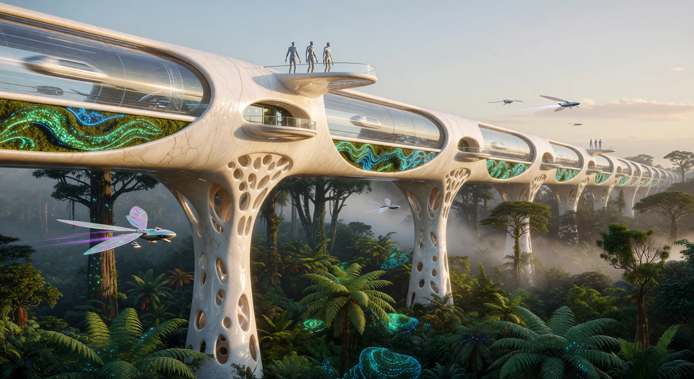 This panoramic view captures the Pan-Continental Re-Wilding Spine, a 22nd-century megastructure of self-healing Biolith soaring above a reconstructed primordial ecosystem. During the era known as The Convergence (2100–2200 AD), such architectural arteries integrated high-speed transit with ecological restoration, utilizing bioluminescent moss to monitor the health of bio-engineered Sequoias and giant ferns below. The scene illustrates a high-oxygen atmosphere reminiscent of the Carboniferous period, where transhumanity oversees a planet-wide effort to merge advanced urbanism with the chaotic vitality of a reclaimed wilderness.