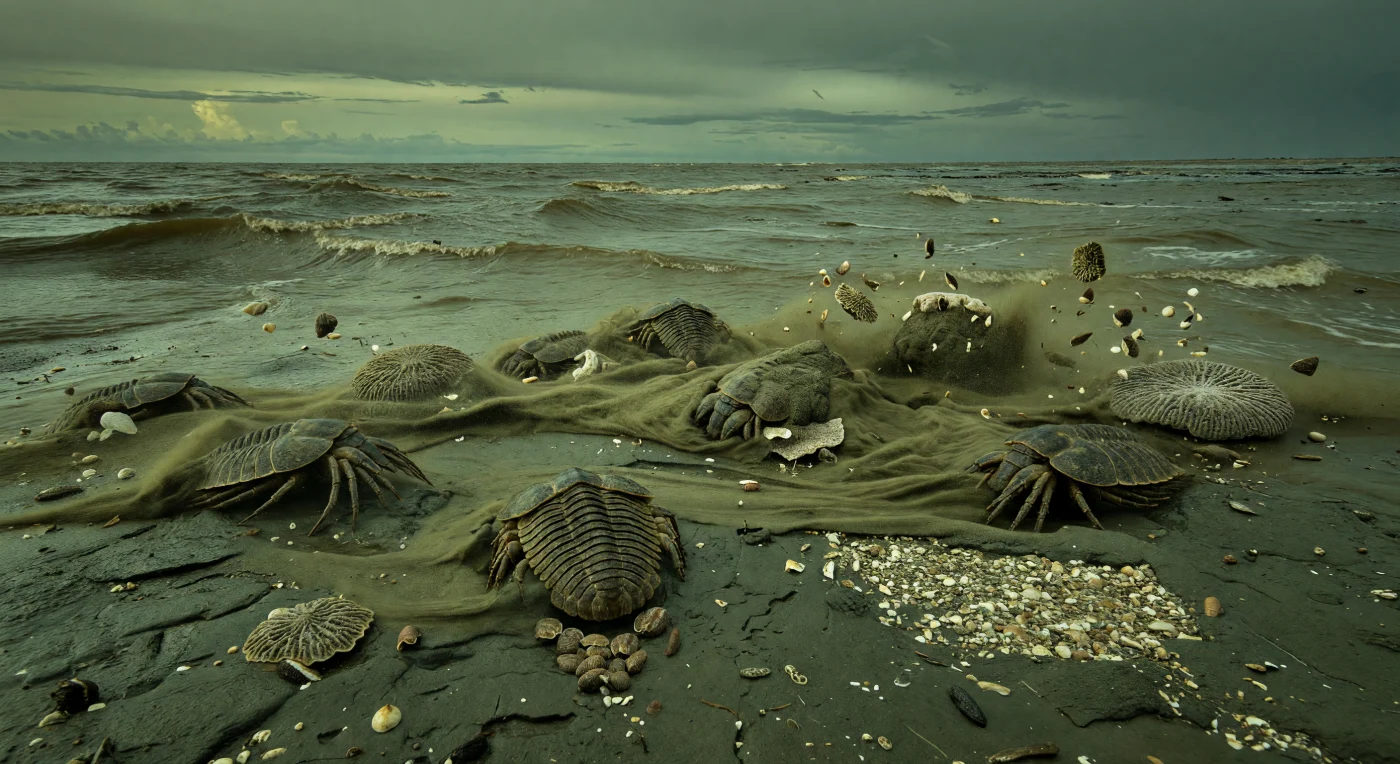 Auf dem tropischen Außenschelf des mittleren Kambriums, vor etwa 510–500 Millionen Jahren, peitschen Sturmwellen trübes, tee­farbenes Wasser über einen grünlich-grauen Karbonatschlamm-Meeresboden und wirbeln Schalenbruch sowie Kalkschlamm zu dichten Sedimentwolken auf. Im Vordergrund stemmen sich große Paradoxides-Trilobiten von 20–30 cm Länge gegen die Strömung, während flache Choia-Schwämme teilweise eingesandet und kleine, phosphatische Lingulella-Brachiopoden aus ihrem Lebensraum gerissen und über den Boden geschleudert werden. Solche energiereichen Ereignisse lagerten auf dem äußeren Schelf kurzlebige Tempestite ab – Sturmablagerungen, die zeigen, wie selbst in den warmen Meeren der kambrischen „Explosion“ ganze Lebensgemeinschaften innerhalb von Stunden verschüttet werden konnten.