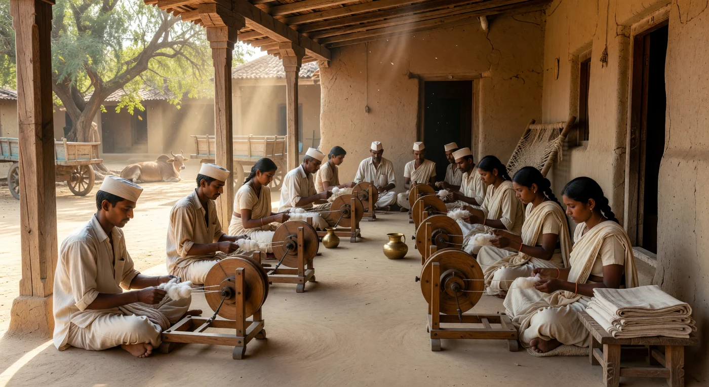 1930 के दशक के भारत में सत्याग्रह आंदोलन के इस दृश्य में ग्रामीण स्त्री-पुरुष एक पारंपरिक मिट्टी के बरामदे पर बैठकर चरखे से सूत कात रहे हैं। ब्रिटिश वस्त्रों के बहिष्कार और आर्थिक आत्मनिर्भरता के प्रतीक के रूप में, इन लोगों ने हाथ से बुने हुए सफेद 'खादी' के वस्त्र धारण किए हैं। यह शांत और गरिमामय दृश्य औपनिवेशिक शासन के विरुद्ध भारतीय स्वावलंबन और अहिंसक प्रतिरोध की सामूहिक भावना को जीवंत रूप में प्रस्तुत करता है।