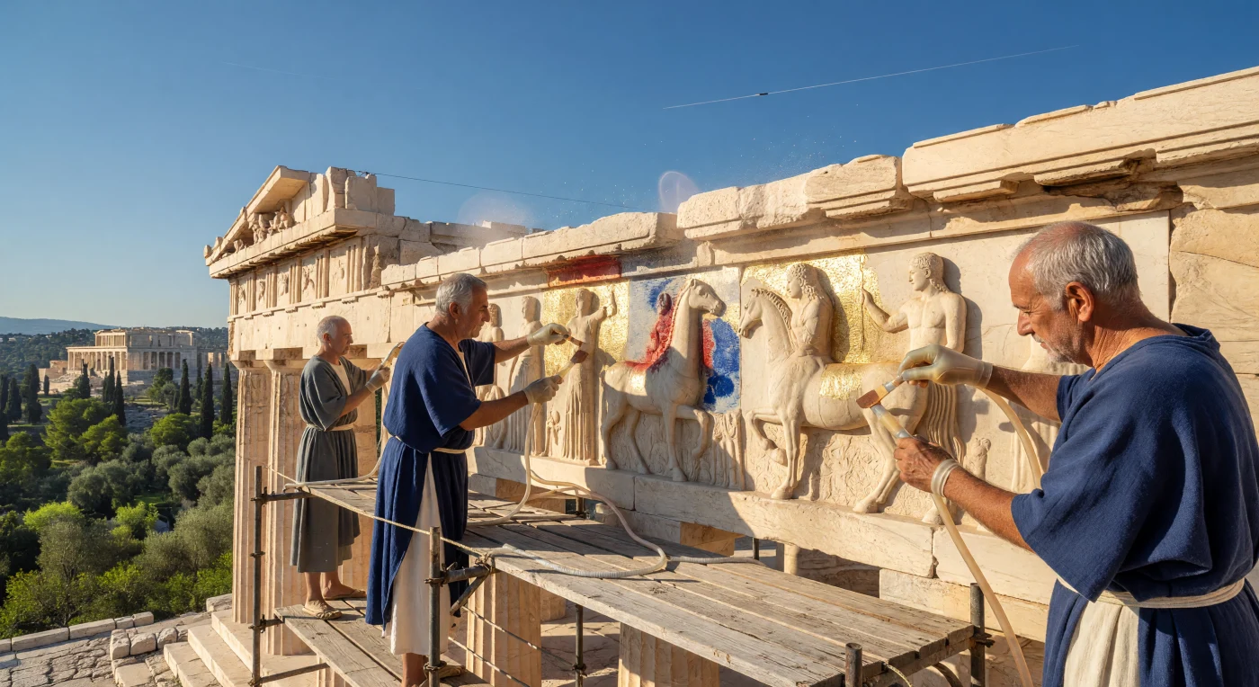 In the Bio-Pure Enclaves of the Cosmic Maturity era (c. 24,500–98,000 CE), unaugmented humans meticulously restore the Parthenon to its 5th-century BCE splendor. Using haptic, soft-robotic tools designed to mimic the delicacy of human touch, these artisans apply gold leaf and mineral pigments to pristine Pentelic marble within a climate-controlled, low-entropy environment. This scene illustrates the Federation’s commitment to preserving baseline biological heritage and ancestral architecture through the use of silent, non-invasive technology and orbital atmospheric management.