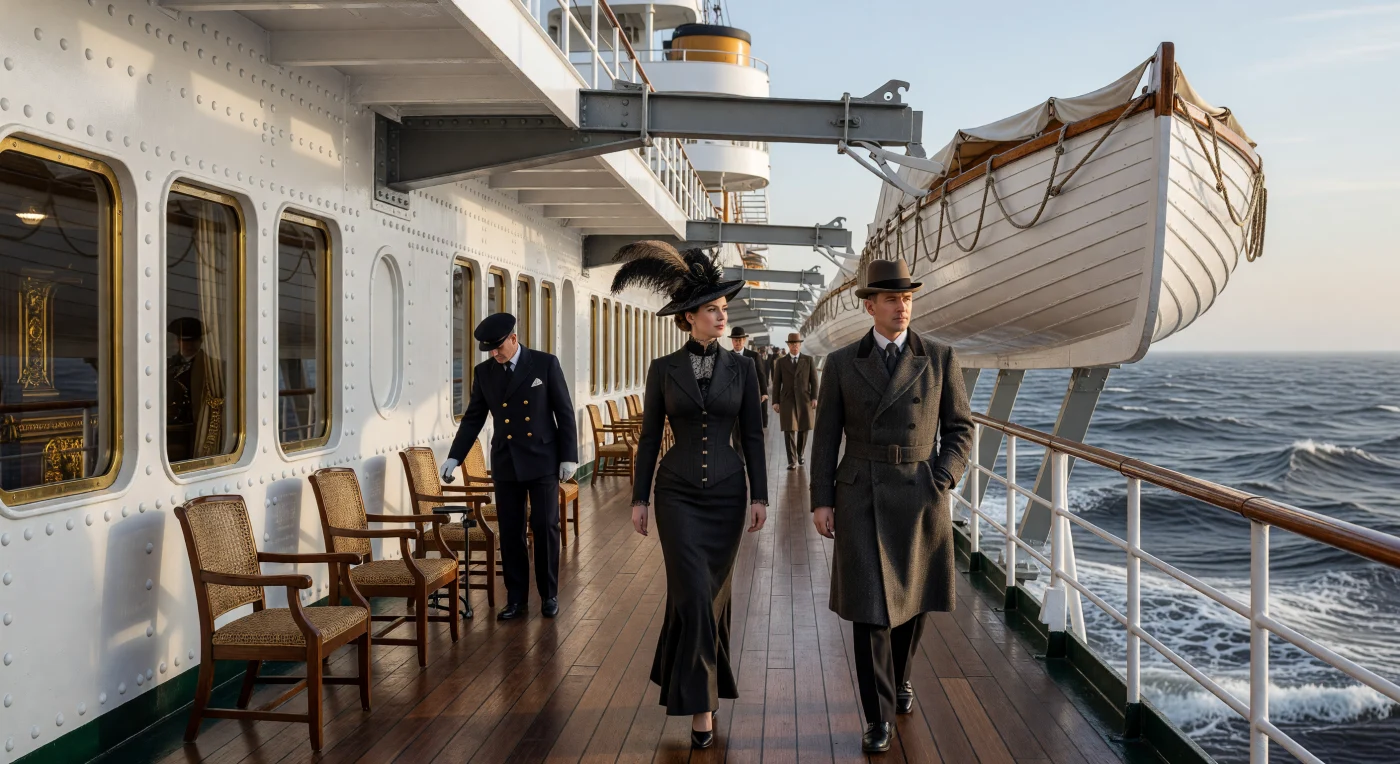 Nesta vista do convés de passeio do RMS Olympic, por volta de 1911, passageiros da elite circulam entre o brilho do mogno polido e a força industrial das anteparas de aço rebitado. A elegância da Belle Époque é visível nos trajes refinados, como o espartilho em forma de "S" e o chapéu monumental da dama, contrastando com a atmosfera gélida e revigorante do Atlântico Norte. Estes "palácios flutuantes" representavam o ápice do luxo e da engenharia naval, unindo o conforto aristocrático ao poderio da Era do Vapor no auge da globalização marítima.