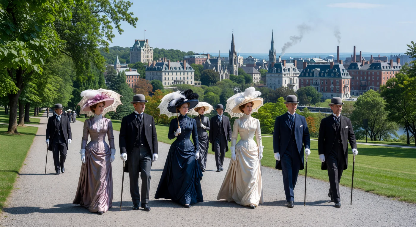 Elegantes montrealenses passeiam pelos caminhos de cascalho do Parque Mount Royal, um refúgio verde projetado por Frederick Law Olmsted, enquanto a silhueta vitoriana de 1900 se estende ao fundo. Mulheres em vestidos de seda com chapéus de plumas de avestruz e homens em ternos formais de lã personificam o prestígio social da Belle Époque, refletindo a prosperidade e a sofisticação da metrópole na virada do século. Entre bordos exuberantes e o horizonte marcado por torres de igrejas e chaminés industriais, este passeio dominical servia como um ritual essencial para a elite exibir seu status e a moda mais refinada da época.