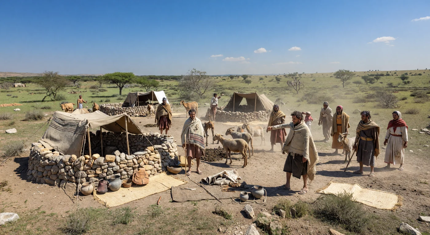 Sotto un cielo primaverile duro e abbagliante, un accampamento pastorale del Maghreb prende forma tra recinti bassi in pietra a secco, tende di pelli e lane pesanti, e sentieri impolverati segnati dal passaggio delle greggi. Pastori libico-berberi, avvolti in mantelli di lana e sandali di cuoio, guidano pecore dalla coda grassa, capre e pochi bovini resistenti attraverso una steppa arida punteggiata di arbusti e acacie. Intorno al 700 a.C., molte comunità nordafricane vivevano ancora di mobilità stagionale e allevamento, in un paesaggio severo ma ben conosciuto, mentre i primi contatti con il mondo fenicio iniziavano appena a lasciare piccole tracce negli oggetti di scambio.