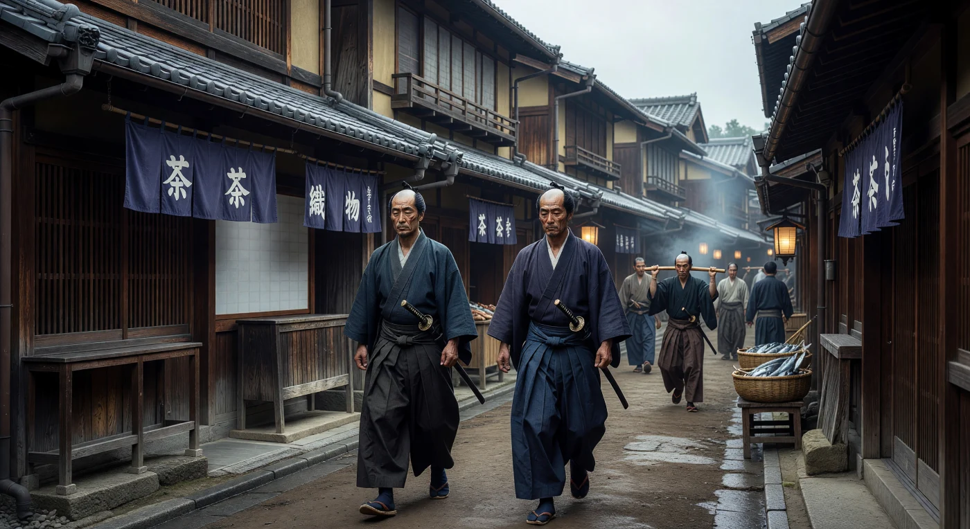 Dans la pénombre d'un matin humide à Edo, deux samouraïs en *hakama* de soie patrouillent le quartier de Nihonbashi, arborant le *daisho*, la paire de sabres traditionnelle symbolisant leur autorité. Ils déambulent devant des *machiya* en cèdre sombre aux écrans de papier *shoji* délicats, tandis que des rideaux *noren* teints à l'indigo flottent aux entrées des commerces. Cette scène illustre l'atmosphère de la période Bakumatsu (1853-1867), une ère de transition charnière où les structures féodales du shogunat Tokugawa commençaient à vaciller sous les pressions de la modernité.