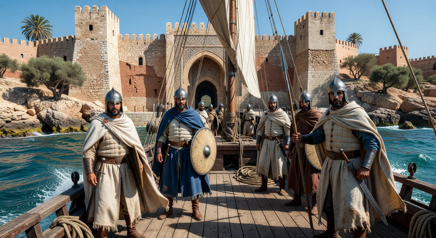 Soldados berberes do Califado Almoada vigiam as águas do Mediterrâneo a bordo de uma galé de cedro, trajando mantos de lã e capacetes cônicos de ferro que brilham sob o sol do século XII. Ao fundo, as imponentes fortificações de pedra calcária e os arcos em ferradura marcam a entrada de um porto norte-africano, simbolizando a sofisticação arquitetônica e o controle estratégico da região. Esta cena ilustra o auge do poderio naval almoada, uma era em que este império berbere unificou o Magrebe e o Al-Andalus sob uma autoridade política e militar dominante.