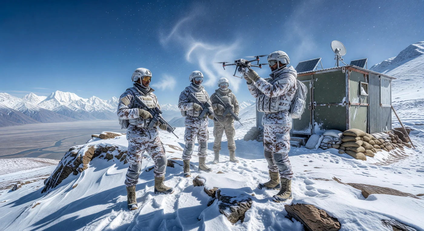 Una pattuglia dell'esercito indiano, equipaggiata con moderne divise mimetiche digitali per climi estremi, sorveglia le vette innevate del Ladakh a oltre 4.000 metri di altitudine. Accanto a un bunker modulare alimentato da pannelli solari, l'uso di droni tattici per il monitoraggio della valle dell'Indo evidenzia la trasformazione tecnologica dei confini d'alta quota nel XXI secolo. Questa immagine cattura il contrasto dell'era digitale in Asia meridionale, dove la connettività satellitare e la sorveglianza d'avanguardia si integrano nella difesa di territori dalla geografia millenaria e spietata.
