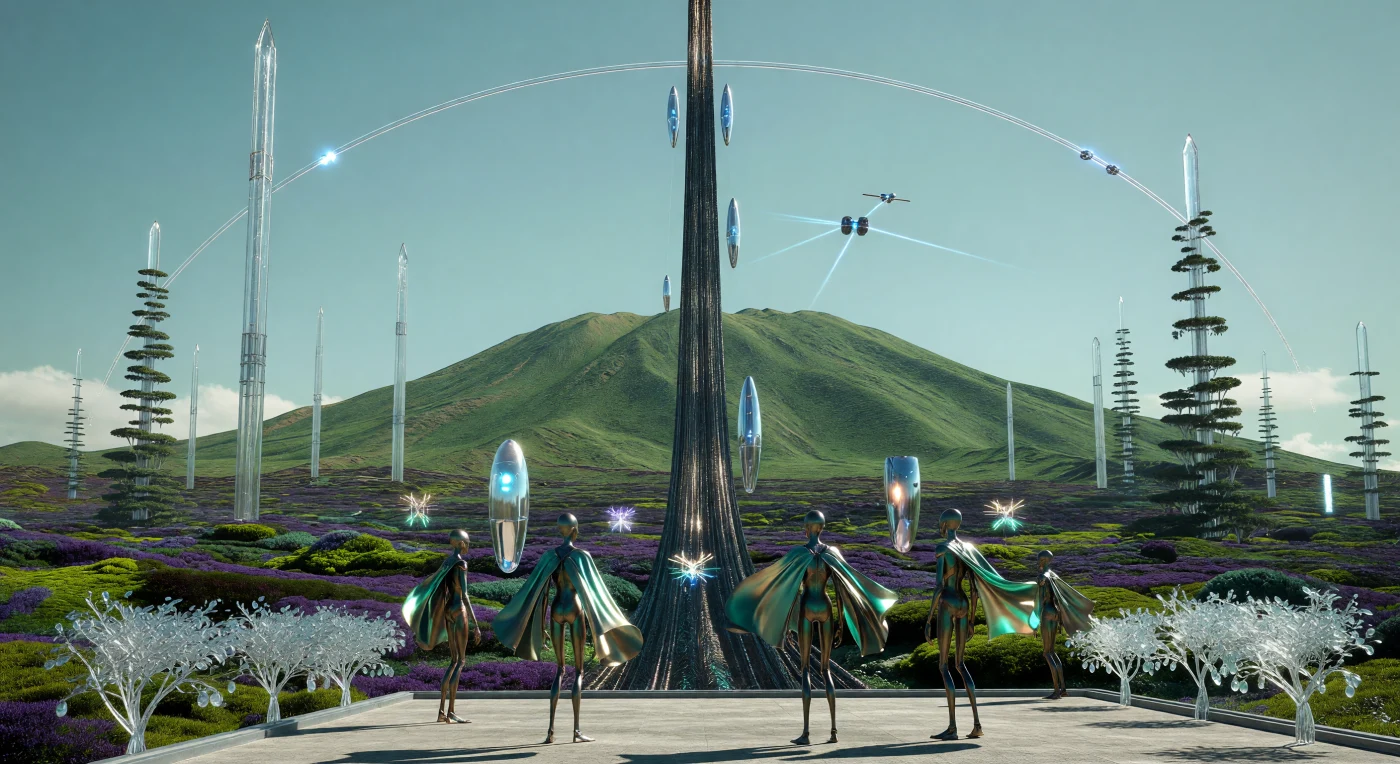 西暦2500年から3000年頃のパヴォニス山頂付近。低重力に適応し2.5メートルもの長身となった新人類「ホモ・マルティアヌス」が、テラフォーミングにより深緑に包まれたタルシス台地から、天空へと伸びる巨大なカーボンナノチューブの軌道エレベーターを見上げています。かつての赤い惑星は磁気シールドと温室効果ガスの制御によって「太陽系の肺」へと変貌を遂げ、垂直植物園や「硝子状植物（ヴィトレアス・フローラ）」が繁茂する豊かな生態系を育むに至りました。彼らの傍らにはデジタル意識体の代理体（プロキシ）が浮かび、高度な情報通信と惑星規模の工学が調和した、この時代の極めて洗練された文明の姿を今に伝えています。