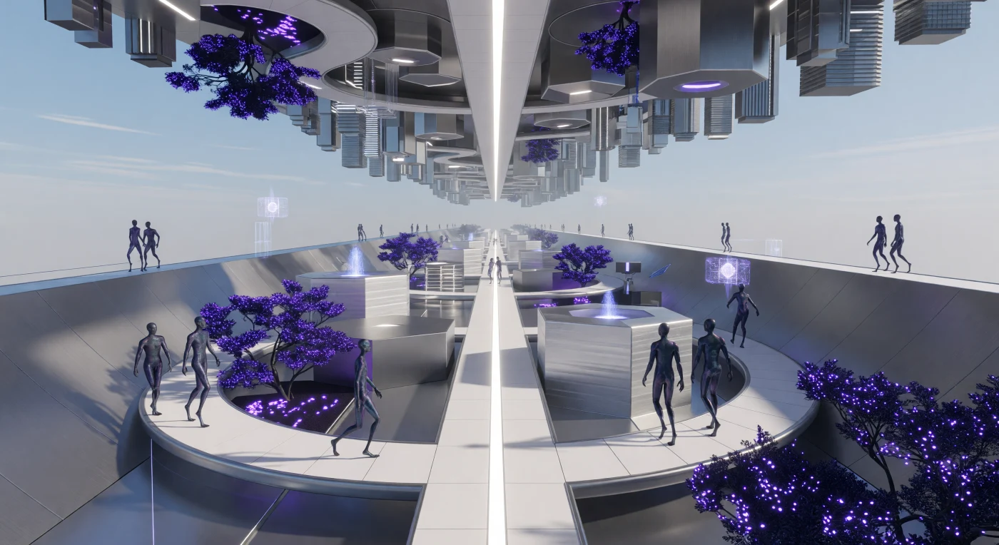 Au cœur de l'ère de l'Aube Interstellaire (3000-5000 apr. J.-C.), ce panorama d'un cylindre d'O'Neill dévoile l'habitat vertigineux des Voids-Kin, une branche de l'humanité ayant délaissé les puits de gravité pour le vide sidéral. On y observe des Lithomorphes à la peau d'obsidienne et des humains Élongés évoluant sur des structures de titane et de céramique, sous la lumière crue d'un filament de plasma central faisant office de soleil artificiel. Des forêts fractales bioluminescentes complètent cet écosystème en circuit fermé, témoignant d'une époque où l'ingénierie nanotechnologique et la radiosynthèse ont permis la survie définitive de l'espèce dans l'obscurité séparant les étoiles.