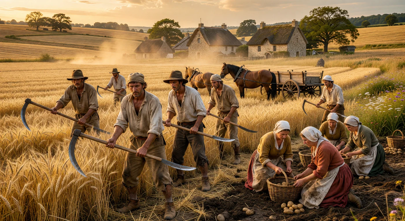 This evocative scene illustrates the rigors of a 1750s French harvest, where the survival of the rural community depended on intensive manual labor and the rhythm of the seasons. Peasants are depicted using traditional iron scythes to reap heirloom wheat, while the gathering of potatoes represents the gradual adoption of New World crops that would eventually transform European food security. The laborers' coarse hemp clothing, wooden sabots, and sun-weathered features provide a stark, historically grounded look at the physical toll of pre-industrial agricultural life.
