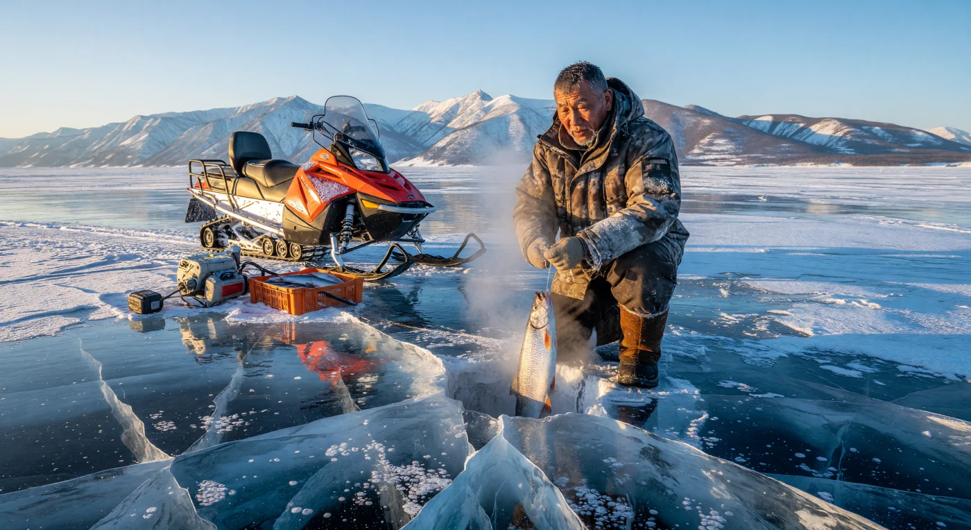 Sur l'épaisse glace turquoise du lac Baïkal, un pêcheur bouriate remonte un omul argenté, illustrant la rencontre entre les traditions ancestrales et les technologies de pointe de la Sibérie contemporaine. Vêtu d'un parka moderne en Gore-Tex et de bottes *unty* traditionnelles en peau de renne, il s'appuie sur une motoneige Tayga pour braver un environnement extrême où le thermomètre chute sous les -30°C. Cette scène témoigne de la résilience des peuples de l'Asie du Nord à l'ère numérique, mariant harmonieusement l'équipement technique du XXIe siècle aux cycles naturels millénaires du plus vieux lac du monde.