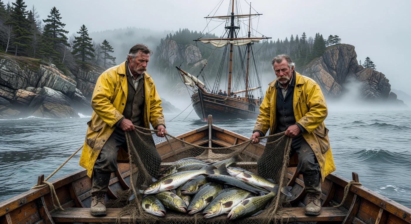 Sous la brume matinale de la Gaspésie en 1895, deux pêcheurs aux visages burinés par le sel hissent avec effort un filet pesant de morues de l'Atlantique à bord de leur dory traditionnel. Cette image saisit l'essence de l'industrie halieutique québécoise à la fin du XIXe siècle, une époque où la survie des communautés côtières dépendait du labeur manuel épuisant des marins et de la robustesse des goélettes de bois. Entre les cirés de toile huilée et les falaises escarpées du golfe, se dessine le portrait héroïque et austère des travailleurs de la mer bravant les eaux glaciales du Saint-Laurent.