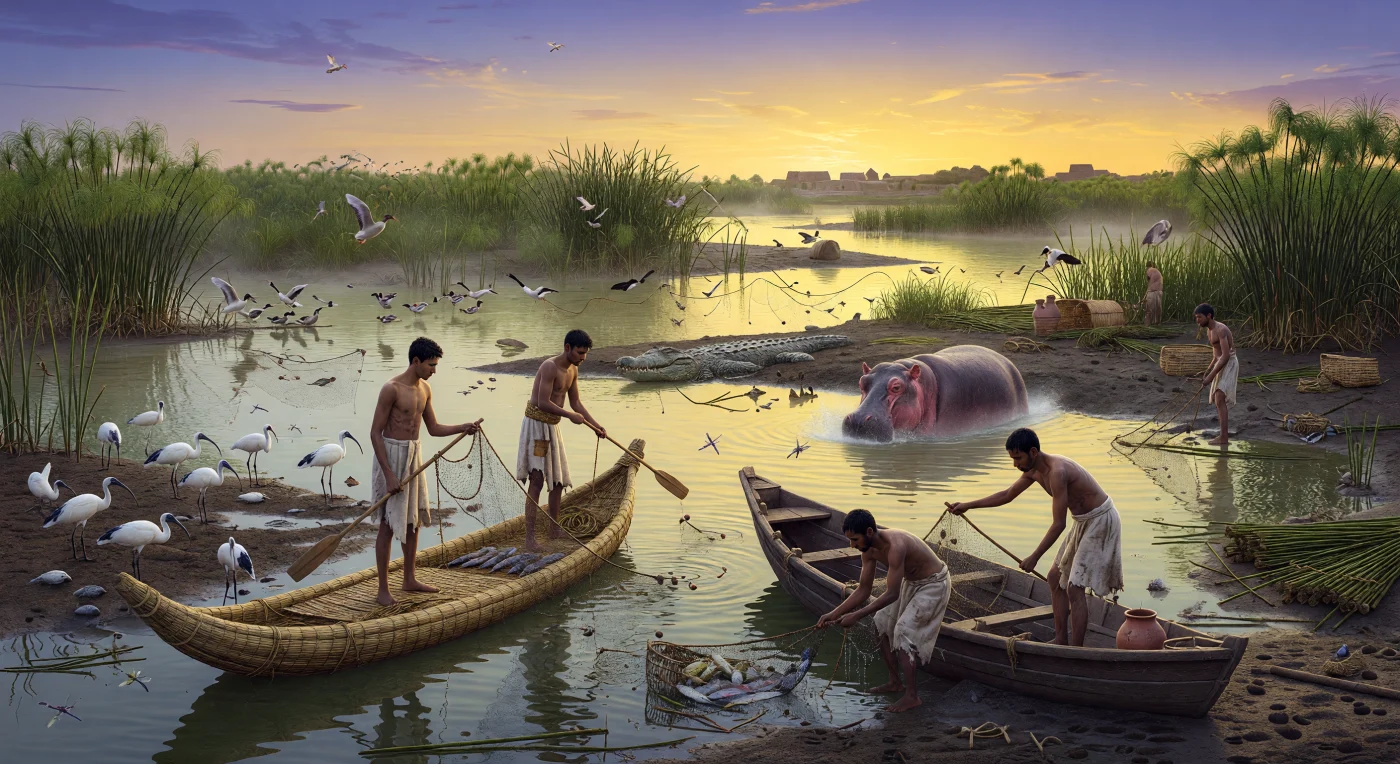 À l’aube, des pêcheurs du delta du Nil glissent entre les fourrés de papyrus sur de frêles embarcations de roseaux et de bois, lançant des filets tressés dans des eaux peu profondes riches en tilapias, tandis qu’ibis, canards et oies s’égaillent autour d’eux. La scène se situe vers 800 av. J.-C., durant la Troisième Période intermédiaire, lorsque les marais de Basse-Égypte formaient un paysage vital pour la pêche, la récolte du papyrus et la subsistance quotidienne. La présence d’un hippopotame surgissant près des roseaux et d’un crocodile du Nil à demi submergé rappelle combien ce milieu, nourricier et dangereux, était au cœur de la vie dans le delta.