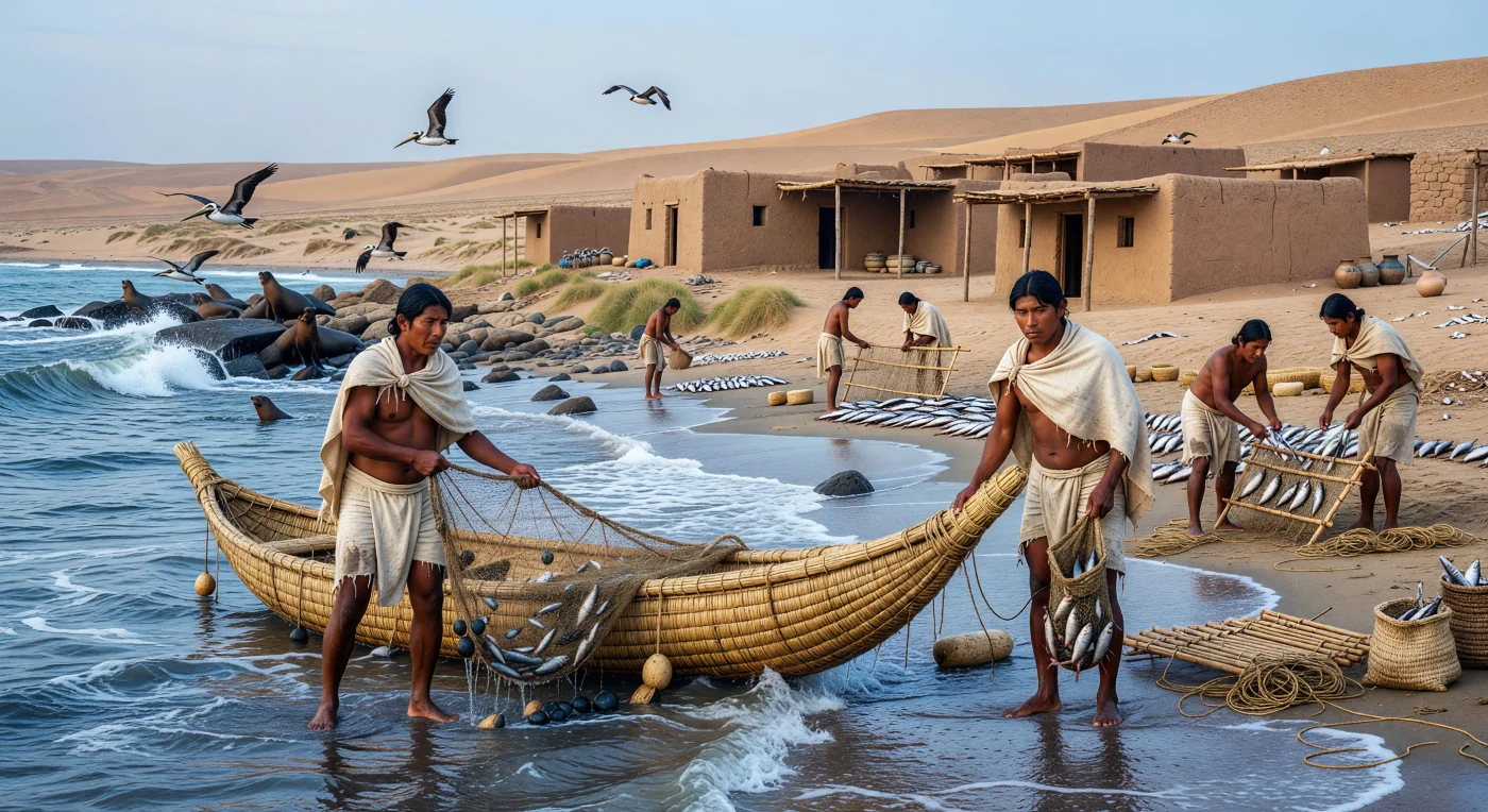 Dans la brume fraîche de la côte pacifique du Pérou ancien, deux pêcheurs andins tirent leurs filets à côté d’une embarcation étroite en roseaux de totora, tandis que des pélicans tournoient au-dessus des vagues et que des otaries se pressent sur les rochers noirs. Sur le sable, des rangées de poissons sèchent près de bâtiments bas en adobe, image d’un village maritime de la fin de l’Horizon ancien ou du début de l’Intermédiaire ancien, vers 200 av. J.-C. à 1 apr. J.-C. Cette scène évoque l’importance vitale de la pêche sur le littoral hyperaride du Pérou, où les communautés autochtones combinaient savoir-faire nautique, filets en fibres végétales, textiles de coton et architecture de terre bien avant l’époque inca.
