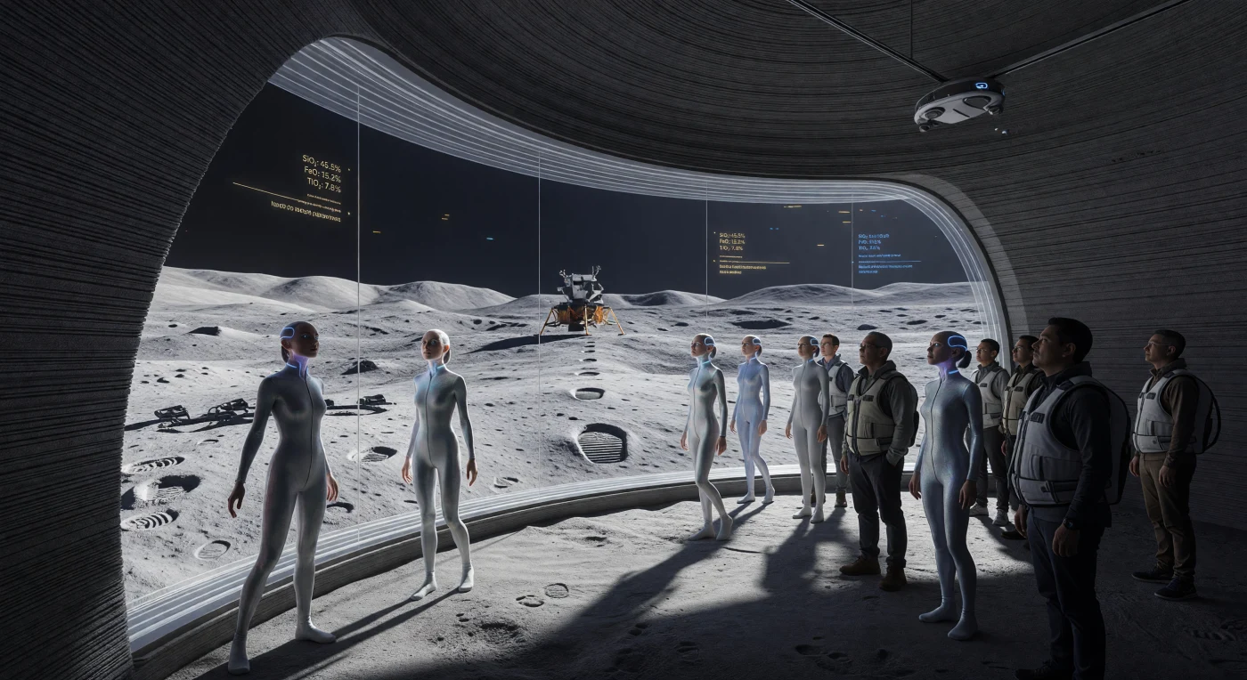 Nesta galeria de "Lunarcrete" no Mar da Tranquilidade, observadores contemplam as pegadas da missão Apollo 11 de 1969, o primeiro "horizonte fóssil" da humanidade fora da biosfera terrestre. A cena revela a divergência morfológica entre os humanos de linha de base e os "Selene-nascidos", uma variante de *Homo sapiens* adaptada à baixa gravidade com membros alongados e densidade óssea reduzida. Protegido por polímeros resistentes à radiação, este sítio arqueológico do século XX ancora a vasta infraestrutura industrial do final do século XXI, onde o regolito é minerado para sustentar a civilização através da fusão de Hélio-3.