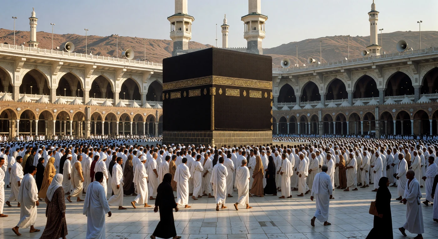 Duizenden pelgrims in witte ihram-gewaden cirkelen rond de met zwart zijde beklede Kaaba tijdens de Tawaf in de late jaren 1970. De architectuur van de Masjid al-Haram weerspiegelt de mid-eeuwse uitbreidingen met moderne betonnen bogen en industriële luidsprekers, nog voordat de huidige wolkenkrabbers de horizon van Mekka domineerden. Deze scène illustreert de krachtige dynamiek tussen eeuwenoude spirituele tradities en de snelle technologische modernisering van het Midden-Oosten tijdens de hedendaagse olie-boom.