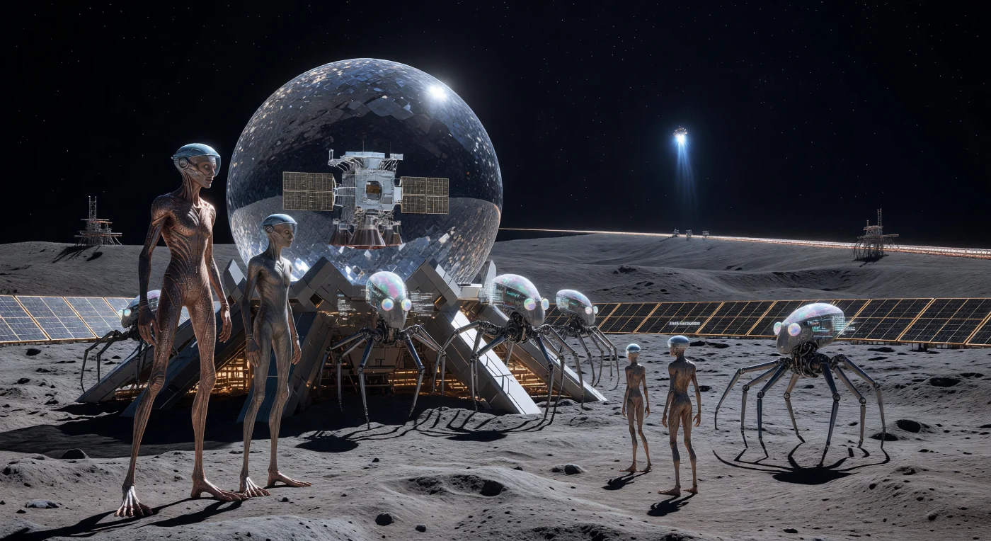 Op de grijze regoliet van de dwergplaneet Ceres markeert het Dawn-monument de overgang tussen de vroege menselijke ruimtevaart en de technologische hoogtijdagen van de Convergentie (2100–2200). Bezoekers, waaronder de voor microzwaartekracht geoptimaliseerde *Litho-Sapiens* en de octopusachtige robotische *Exo*-frames, verzamelen zich rond de 21e-eeuwse sonde die als een technologisch fossiel in een sfeer van diamantglas is bewaard. Dit tafereel illustreert de enorme fysieke kloof tussen de primitieve ionenmotoren van weleer en de gigantische massadrivers aan de horizon, wat getuigt van de radicale evolutie van het leven in het vacuüm van de Planetoïdengordel.