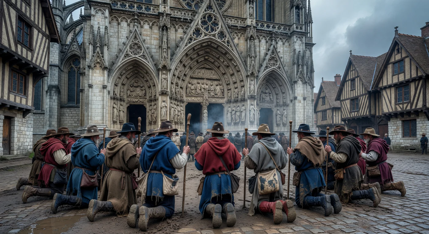 Pellegrini esausti, avvolti in pesanti mantelli di lana e muniti di bastoni da viaggio, si inginocchiano in segno di devozione davanti all'imponente portale di una cattedrale in stile gotico fiammeggiante nella Francia del XV secolo. La complessa architettura in pietra calcarea, caratterizzata da archi a sesto acuto e minuziosi rilievi del Giudizio Universale, domina una piazza fangosa circondata da case a graticcio, riflettendo il contrasto tra la magnificenza divina e la dura realtà quotidiana del tardo Medioevo. In un'epoca segnata da instabilità climatica e fervore religioso, il pellegrinaggio rappresentava un atto fondamentale di fede e penitenza, permettendo ai fedeli di cercare protezione spirituale all'interno di questi monumentali scrigni di pietra e incenso.