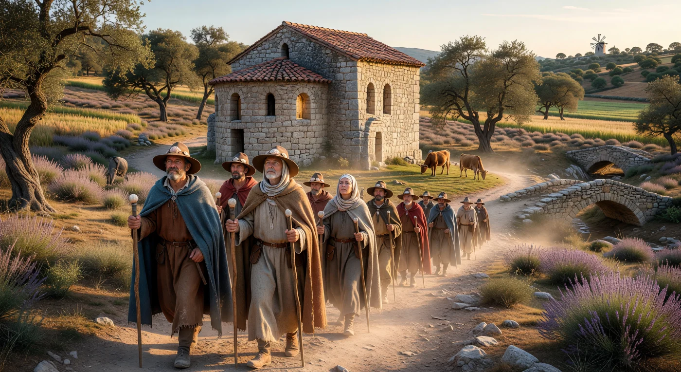 Un gruppo di pellegrini del XII secolo avanza con devozione lungo un sentiero polveroso dei Pirenei, avvolto dalla calda luce dorata del Periodo Caldo Medievale. I viandanti, vestiti con pesanti mantelli di lana e i caratteristici cappelli ornati dalla conchiglia di San Giacomo, transitano accanto a una solida cappella romanica dalle spesse mura in pietra e archi a tutto sesto. Questa scena illustra l'importanza dei grandi pellegrinaggi europei, un fenomeno che univa fede spirituale e mobilità in un'epoca di profonda trasformazione architettonica e demografica.