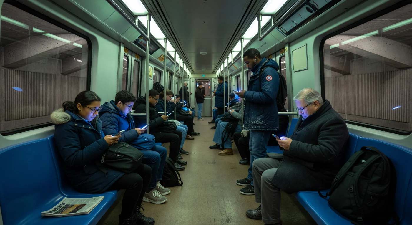 Fahrgäste in technischen Parkas und mit kabellosen Kopfhörern sitzen auf den ikonischen blauen Schalensitzen eines MR-73-Wagens der Metro Montreal, während das kühle Licht ihrer Smartphones die brutalistische Betonarchitektur der Station erhellt. Die Szene illustriert das Paradoxon des digitalen Zeitalters um 2025: Eine ethnisch vielfältige Gesellschaft, die physisch im urbanen Raum von Québec präsent, aber durch den ständigen „Screen Loop“ individuell isoliert ist. Salzverkrustete Stiefel und Funktionskleidung zeugen vom Übergang zwischen den kanadischen Jahreszeiten in einer Ära hyper-moderner Vernetzung.
