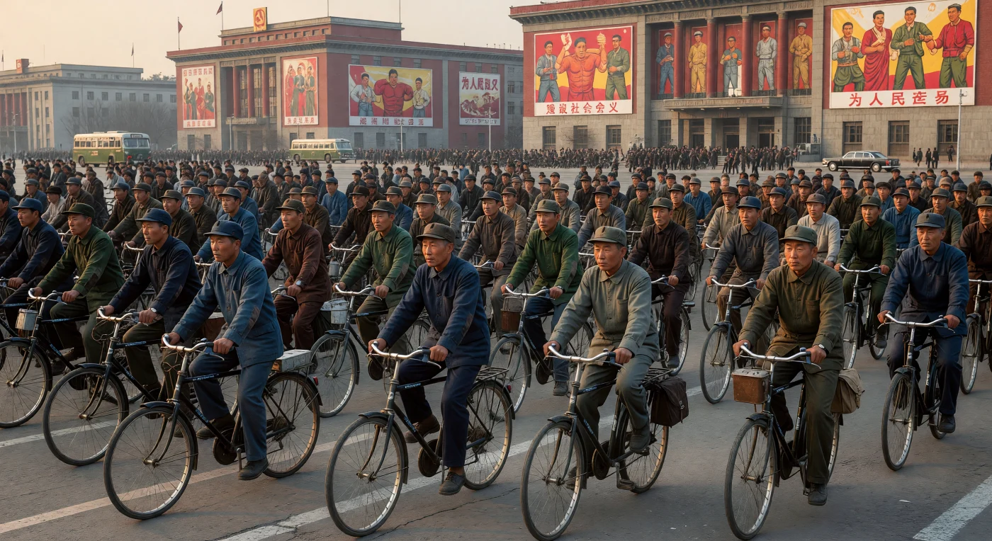 Un fiume di lavoratori in abiti Zhongshan indaco e verde oliva attraversa piazza Tienanmen in sella alle iconiche biciclette "Flying Pigeon", simbolo della mobilità urbana nella Pechino degli anni '70. In questo scenario dominato dall'estetica del realismo socialista, imponenti manifesti di propaganda dai colori vivaci adornano i palazzi governativi, riflettendo l'ideologia collettivista e l'ordine sociale dell'era maoista. L'assenza di veicoli privati e l'uniformità dell'abbigliamento testimoniano una realtà materiale austera ma industriosa, colta in un momento di fervore collettivo prima delle grandi riforme economiche che avrebbero trasformato radicalmente il volto della Cina.