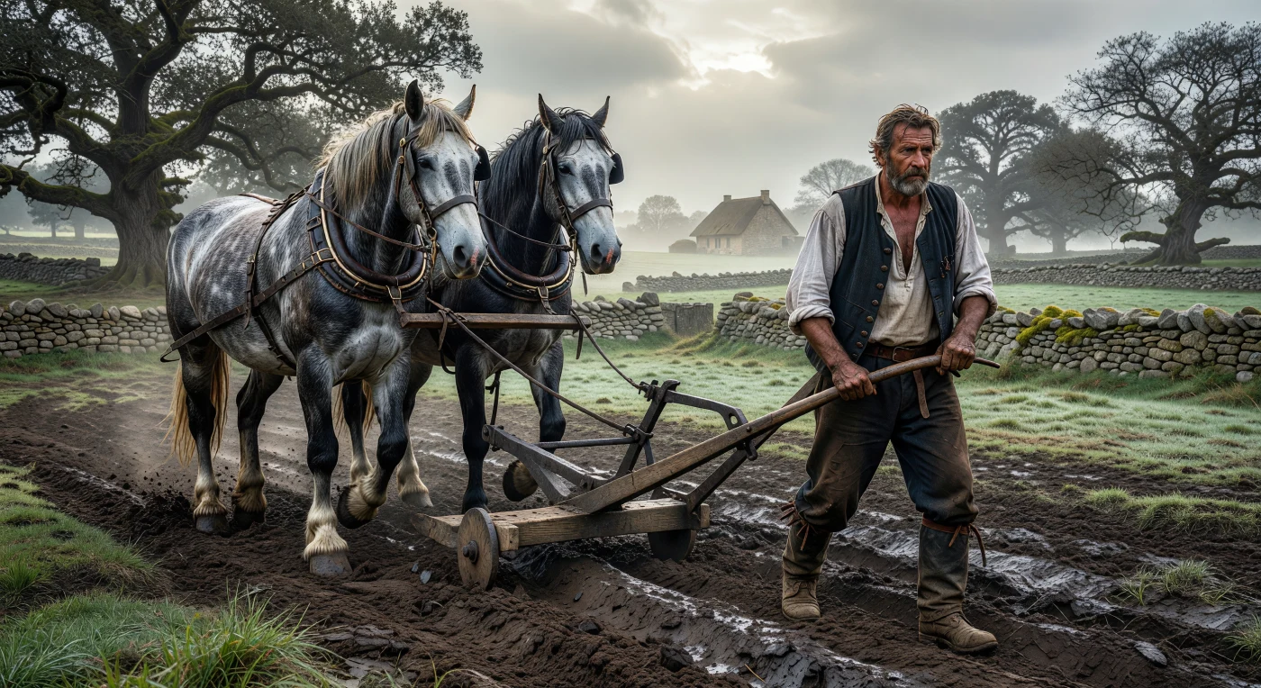 Zwei kräftige, apfelschimmel-farbene Percheron-Kaltblüter ziehen einen schweren Holzpflug durch ein feuchtes Feld im ländlichen Frankreich um 1835, geführt von einem Bauern in zeittypischer Arbeitskleidung. Diese Darstellung fängt die mühsame Realität der vorindustriellen Landwirtschaft ein, in der die Bodenbearbeitung in der charakteristischen „Bocage“-Landschaft noch vollständig von tierischer Kraft und menschlicher Ausdauer abhing. Inmitten des Zeitalters der Revolutionen verdeutlicht diese Szene die Beständigkeit des traditionellen bäuerlichen Lebens gegenüber den beginnenden technologischen Umbrüchen in Europa.