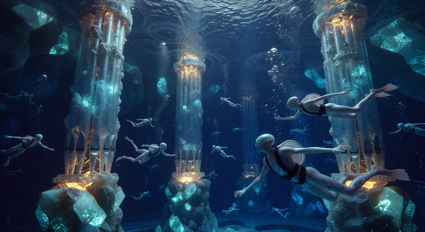 Ubicada en un domo de sal del lecho marino de Europa durante la Gran Divergencia (siglos XXIII-XXVI), esta escena muestra a miembros de la subespecie *Homo adaptus* participando en un peregrinaje sónico ante órganos hidráulicos de escala monumental. Estos individuos presentan adaptaciones extremas como piel translúcida, sistemas de biosonar craneal y branquias especializadas, permitiéndoles habitar un abismo de alta presión donde el sonido reemplaza a la visión como sentido primordial. La interacción entre la arquitectura mineral de halita y la tecnología de carbono subraya la sofisticada civilización termodinámica que floreció bajo la corteza de hielo joviana, impulsada por las potentes fuerzas de marea de Júpiter.