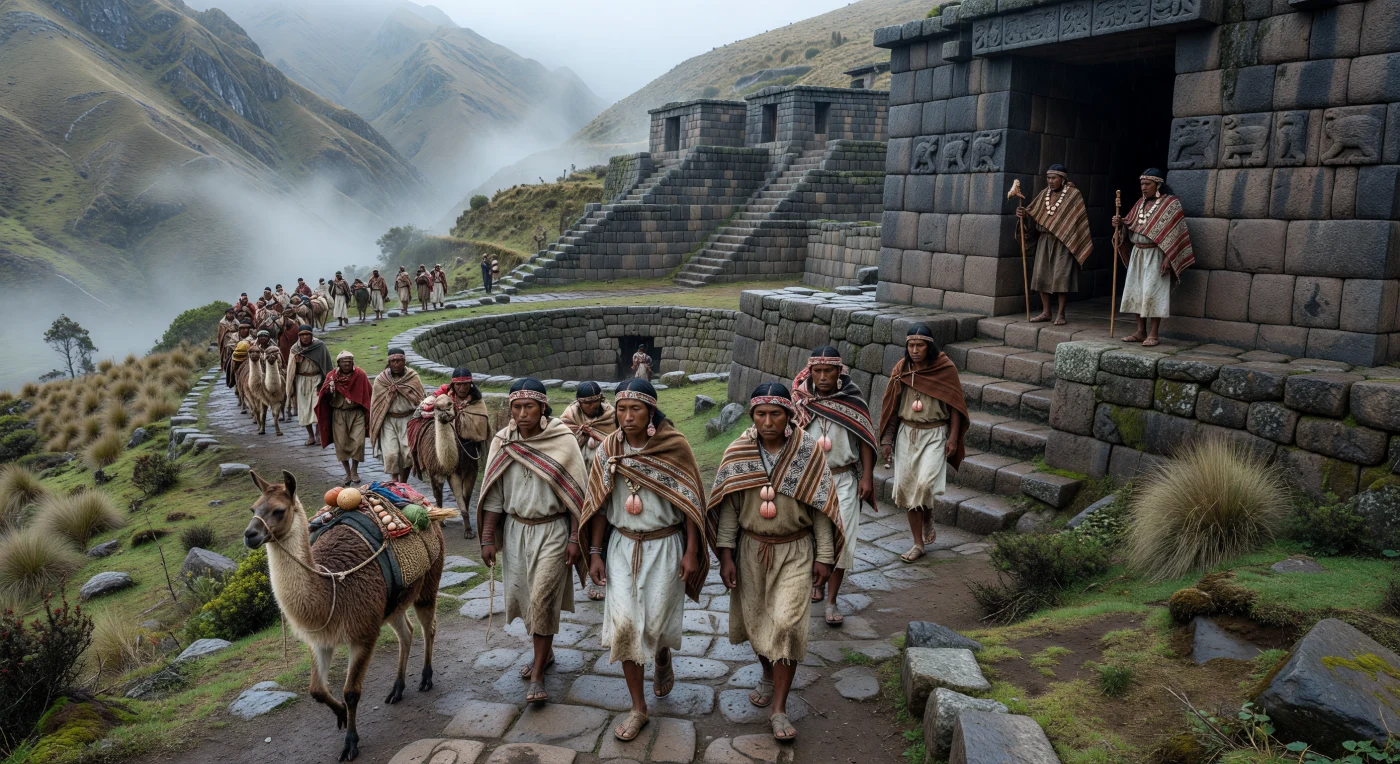Una procesión de peregrinos andinos asciende por un sendero húmedo hacia los templos de piedra oscura de Chavín de Huántar, guiando llamas cargadas con textiles, mazorcas, calabazas y ofrendas mientras la niebla de montaña envuelve patios hundidos y escalinatas estrechas. Sus mantos de fibra de camélido, sandalias vegetales y cintas tejidas contrastan con los adornos de concha Spondylus y los finos tejidos de los especialistas rituales que esperan junto a la entrada ceremonial. Entre ca. 800 y 500 a. C., este gran centro de la sierra norcentral del Perú atrajo peregrinos de regiones lejanas mediante redes de intercambio, ceremonias sonoras y una poderosa iconografía de felinos, serpientes y aves rapaces esculpida en su arquitectura.