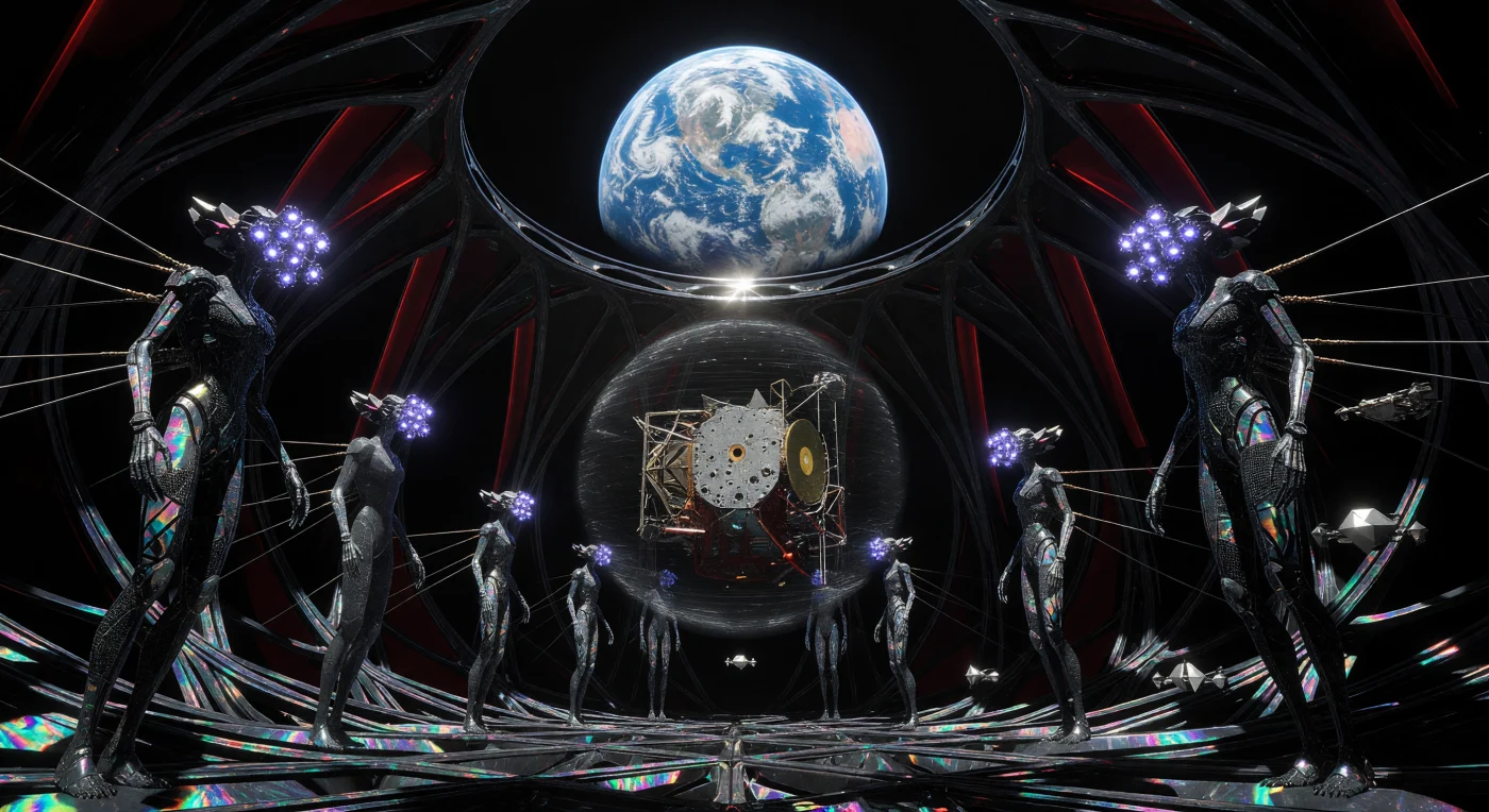 Nesta galeria do Arquivo Solar lunar, a sonda Voyager 1 repousa em um campo de estase gravitacional, preservada como a relíquia definitiva da humanidade ancestral cerca de dez milênios após seu lançamento original. O artefato, com seu casco de alumínio marcado por impactos e o icônico Disco de Ouro agora fosco, é o foco de veneração dos Nascidos no Vácuo, seres litossintéticos cujas peles de nanotubos de carbono emitem pulsos rítmicos de raios-X em um tributo silencioso. Este encontro na Era Galáctica (5.000–20.000 d.C.) destaca o contraste entre a fragilidade da tecnologia do século XX e a escala monumental da engenharia pós-biológica, tendo ao fundo a Terra preservada como um santuário selvagem no vazio lunar.