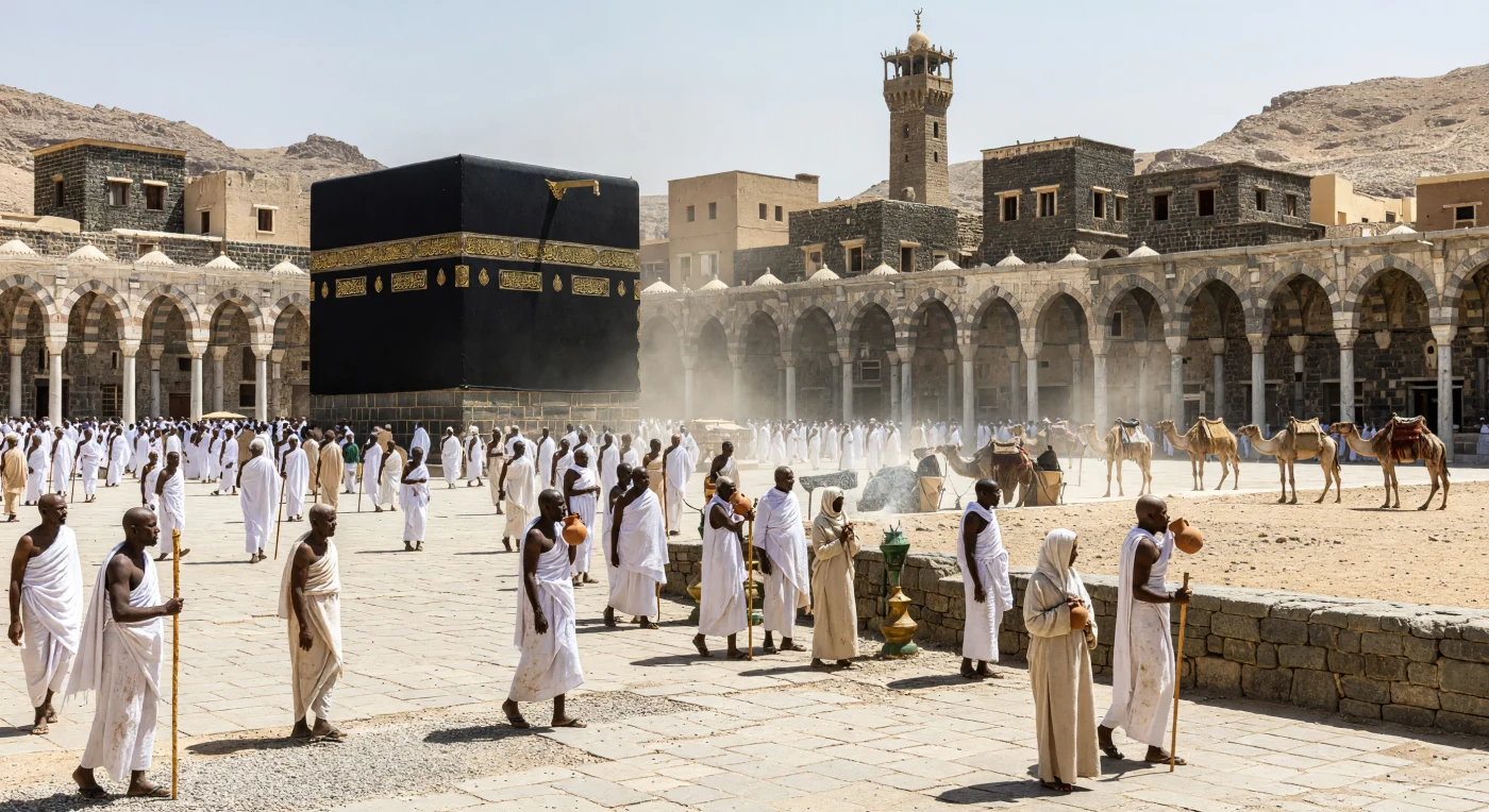 Sob o sol intenso do século XII, uma multidão diversificada de peregrinos trajando o *ihram* de algodão branco realiza o ritual do *tawaf* ao redor da Caaba, cercada por colunas de mármore e pelo relevo árido das montanhas de Hejaz. Durante o período Aiúbida, esta jornada sagrada reunia fiéis de todo o mundo islâmico, desde a Andaluzia até a Ásia Central, que enfrentavam o calor extremo do deserto equipados apenas com cajados de madeira e jarros de terracota. A cena ilustra a profunda devoção e a simplicidade arquitetônica da época, destacando a unidade de uma fé que transcendia vastas distâncias geográficas e origens étnicas.