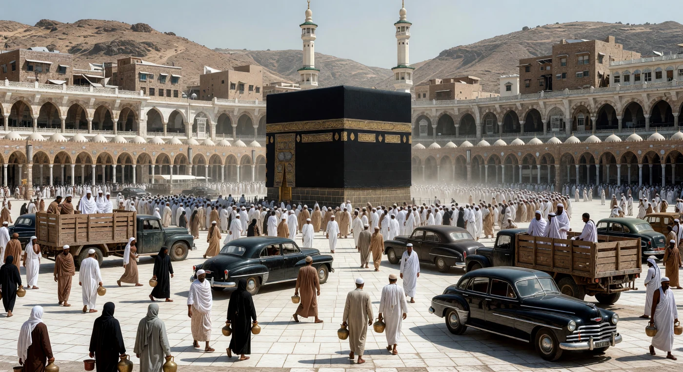 Esta vista da Masjid al-Haram no início da década de 1940 retrata o contraste marcante entre a devoção milenar dos peregrinos circulando a Caaba e a chegada da era motorizada na Arábia Saudita. Enquanto a multidão em trajes tradicionais de *ihram* preenche o pátio de mármore, sedãs americanos e caminhões de transporte da época estacionados sob os arcos otomanos sinalizam as mudanças tecnológicas que começavam a transformar a região durante a era das Guerras Mundiais. É um registro vívido de uma Meca em transição, onde a arquitetura histórica e a paisagem árida do Hejaz ainda não haviam sido alteradas pelo grande desenvolvimento urbano contemporâneo.