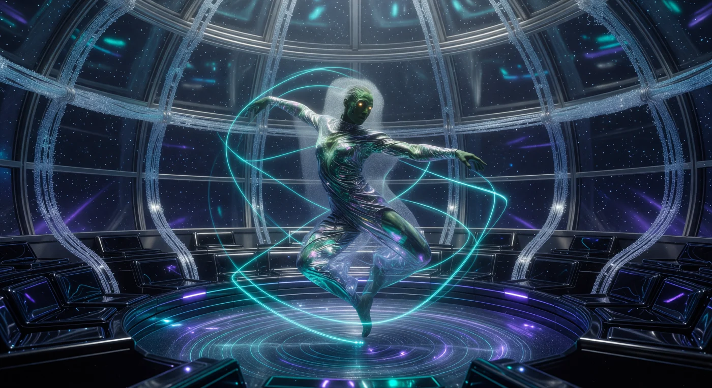 Nesta representação da Alvorada Aumentada (2050–2100), um performer da elite "Hyper-Linked" executa uma coreografia em uma câmara de levitação magnética, evidenciando a fusão entre biologia e engenharia biomimética. O indivíduo exibe adaptações evolutivas da era, como pele fotossintética e um traje de malha de metal líquido à base de gálio, que reage ao movimento criando rastros de filamentos fotônicos em um ambiente de gravidade zero. Este registro ilustra o "Ideal Quimérico", um período da história humana onde a tecnologia de interface neural e a manipulação física permitiram que a expressão artística transcendesse as limitações biológicas naturais.