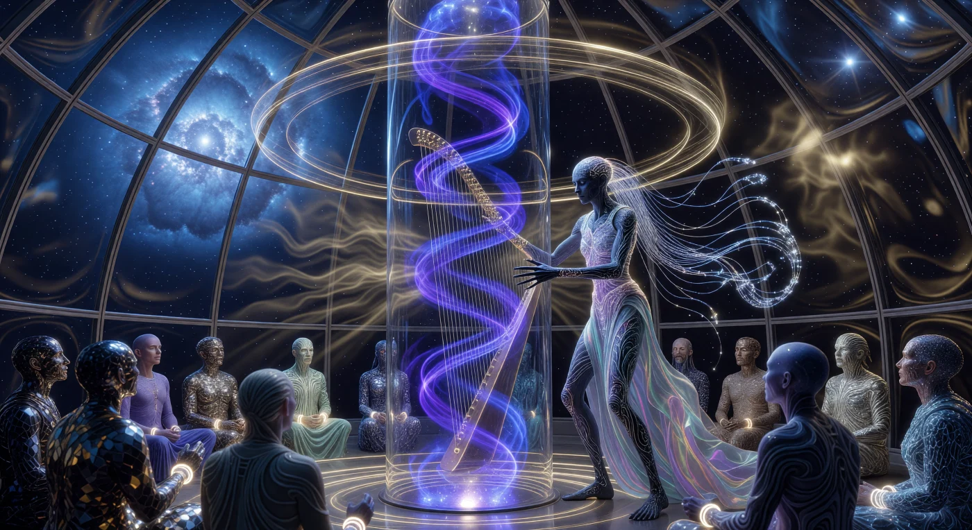 Durant l'Aube Interstellaire (3000-5000 apr. J.-C.), l'humanité a transcendé les supports classiques pour transformer les forces fondamentales en art, comme le montre cette performance de harpe à plasma au sein d'une flèche géodésique orbitant une supergéante bleue. Un musicien de l’ethnie « Lithe-Long » y manipule des flux de néon ionisé dont les vibrations gravimétriques font résonner la structure osseuse d’une audience post-humaine, composée d'êtres à « Densité Cristalline » et de spectateurs en matière programmable. Entre les parures en « Myco-Soie » et les structures d’« Exo-Squelette Chic », cette scène illustre la fusion radicale entre biologie adaptative et maîtrise physique caractérisant le Grand Essaimage vers les systèmes stellaires lointains.