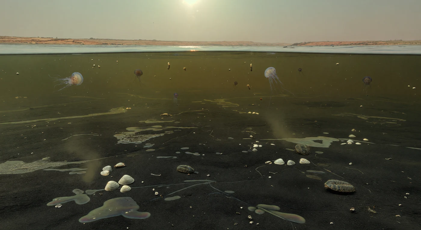 In deze verstikte, ondiepe zeebekken aan de rand van Pangea, zo’n 252 miljoen jaar geleden aan het einde van het Perm, ligt de zeebodem bijna levenloos onder troebel bruingroen water met een olieachtige glans. Op de zwarte, zwavelrijke modder overleven slechts enkele kleine Claraia-tweekleppigen, terwijl een paar verzwakte Pseudophillipsia-trilobieten en langzaam drijvende kwallen getuigen van een ecosysteem in instorting. Dit tafereel verbeeldt de oprukkende anoxie en euxinie tijdens de Perm-Trias-massa-extinctie — de “Grote Sterfte” — toen vulkanisme, opwarming en zuurstofverlies het grootste deel van het mariene leven wegvaagden.