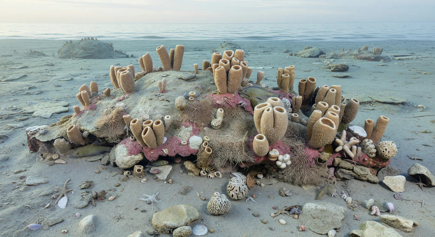 Diese Szene zeigt einen flachen, nur 1–2 Meter hohen Karbonat-Schwammhügel auf einem kühlen Schelfmeer am gondwanischen Polarrand der späten Permzeit, kurz vor dem Massenaussterben vor etwa 252 Millionen Jahren. Beige, vasenförmige Schwämme, rosafarbene kalkige Algenkrusten, netzartige Bryozoen und vereinzelte Hornkorallen der Gattung Lophophyllidium bauen kein tropisches Riff, sondern eine niedrige, fleckenhafte Hartsubstrat-Oase in kalkigem Schlick und Muscheltrümmern auf. In den geschützten Spalten verbergen sich kleine Schnecken, Schlangensterne und junge Strahlenflosser, deren Körperlänge neben einem etwa 50 cm hohen Schwamm den Maßstab verrät. Unter dem schrägen Licht der polaren Sonne wirkt diese stille Lebensgemeinschaft wie ein letzter Blick auf die widerstandsfähigen, aber verletzlichen Meeresökosysteme unmittelbar vor dem „Großen Sterben“ am Ende des Perms.