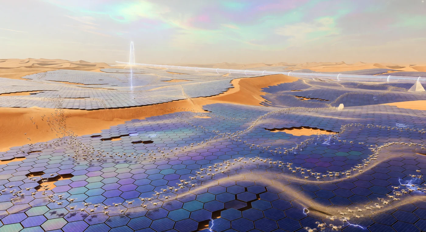 This panoramic view captures the Rub' al Khali Solar Shield during the mid-21st century (The Threshold, c. 2042), a 50,000-square-kilometer expanse of iridescent perovskite-silicon tandem cells stretching across the Arabian dunes. Swarms of "Smart Dust" micro-drones utilize electrostatic pulses to maintain the array’s efficiency, clearing desert silt beneath a sky hazed by stratospheric sulfur injections. This massive infrastructure represents the era's transition to a post-hydrocarbon energy hegemony, supported by distant magnetic fusion hubs and high-speed hyperloop transit networks.