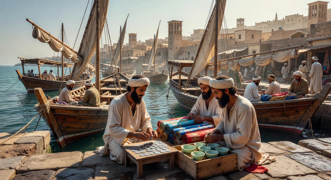 De bedrijvige kalkstenen kade van de negende-eeuwse havenstad Siraf vormt het decor voor een cruciale economische uitwisseling tussen de islamitische wereld en het Verre Oosten. Terwijl dhows met hun kenmerkende genaaide rompen in de turquoise wateren van de Perzische Golf dobberen, verhandelen Perzische kooplieden zilveren Abbasidische dirhams voor kostbare Chinese zijde en verfijnd celadon-porselein uit de Tang-dynastie. Deze zonovergoten maritieme hub illustreert de enorme reikwijdte van de handel in de vroege middeleeuwen, waarbij de oceaan fungeerde als een vitale snelweg voor de verspreiding van rijkdom en cultuur.