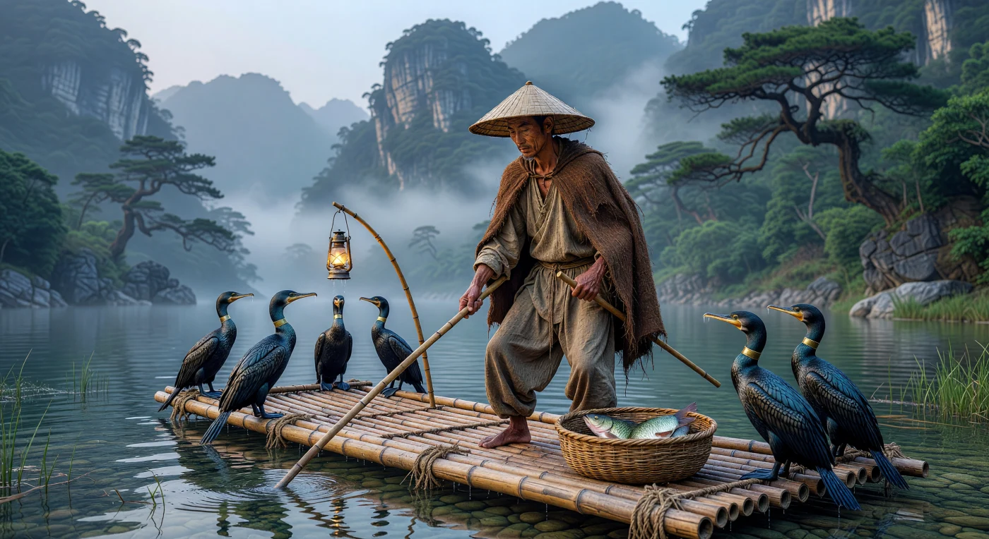 Bajo la bruma matutina de las montañas de Guangxi, un pescador de la dinastía Song del siglo XII equilibra su balsa de bambú mientras coordina a sus cormoranes para la captura de carpas en el río Li. Estos ejemplares, entrenados con anillos de latón en el cuello para asegurar la cosecha, representan una simbiosis ancestral entre el ser humano y el ecosistema fluvial de la China medieval. La vestimenta de cáñamo y la capa de fibra de coco del pescador reflejan la sofisticada adaptación técnica y material de una de las civilizaciones más avanzadas de la época.