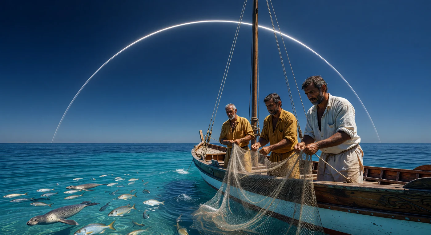 En esta reconstrucción de la era de la Madurez Cósmica (aprox. 24,500 – 98,000 d.C.), observamos a humanos de fenotipo basal (*Homo sapiens*) recolectando redes de fibra de carbono en las aguas prístinas de la cuenca del Egeo. Este enclave de preservación biológica mantiene una atmósfera estable de 410 ppm de CO2, permitiendo el florecimiento de especies otrora amenazadas o desextinguidas, como la foca monje del Mediterráneo (*Monachus monachus*), bajo la imponente presencia del Anillo de Lumen, una megaestructura orbital de captación solar. La escena ilustra el "primordialismo de alto concepto", donde la tecnología avanzada de una civilización de Tipo II se utiliza para salvaguardar la experiencia sensorial finita y la biodiversidad del Holoceno Óptimo en el futuro lejano.