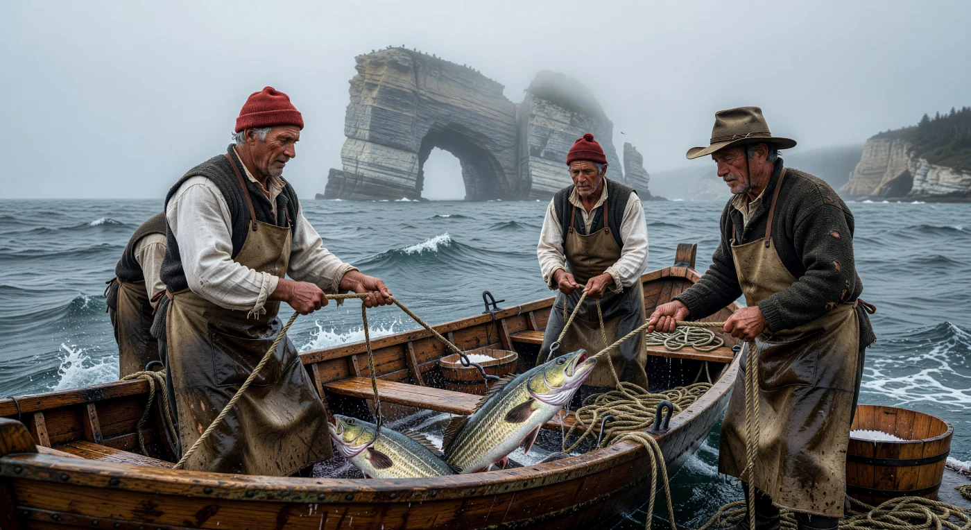 Sob a névoa matinal da península de Gaspé em 1840, pescadores acadianos em um pequeno barco de madeira puxam manualmente grandes bacalhaus das águas agitadas do Golfo de São Lourenço, com a imponente Rocha Percé ao fundo. Trajando blusas de lã e aventais de lona impermeabilizados com óleo, estes homens exemplificam a exaustiva rotina da indústria do bacalhau salgado, que foi o motor econômico e social das comunidades costeiras do Quebec durante o século XIX. Esta cena captura a resiliência humana diante da imensidão do Atlântico Norte, num período em que a pesca artesanal era vital para o sustento e o comércio global da região.