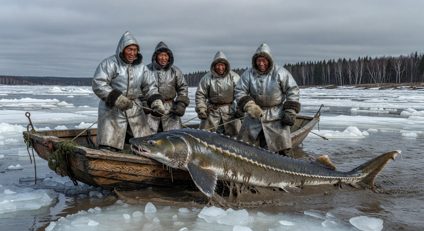 En los años 30, pescadores del pueblo Nanái luchan contra las gélidas corrientes del río Amur para capturar un enorme esturión kaluga entre los bloques de hielo del deshielo primaveral. Ataviados con parkas tradicionales "tetue" hechas de piel de salmón tratada y forradas con piel de foca, estos hombres demuestran la sofisticada adaptación tecnológica de las culturas indígenas del Lejano Oriente ruso. Esta escena ilustra la persistencia de los métodos de subsistencia ancestrales frente a la dura realidad climática y las transformaciones sociales en la Siberia de la era soviética.